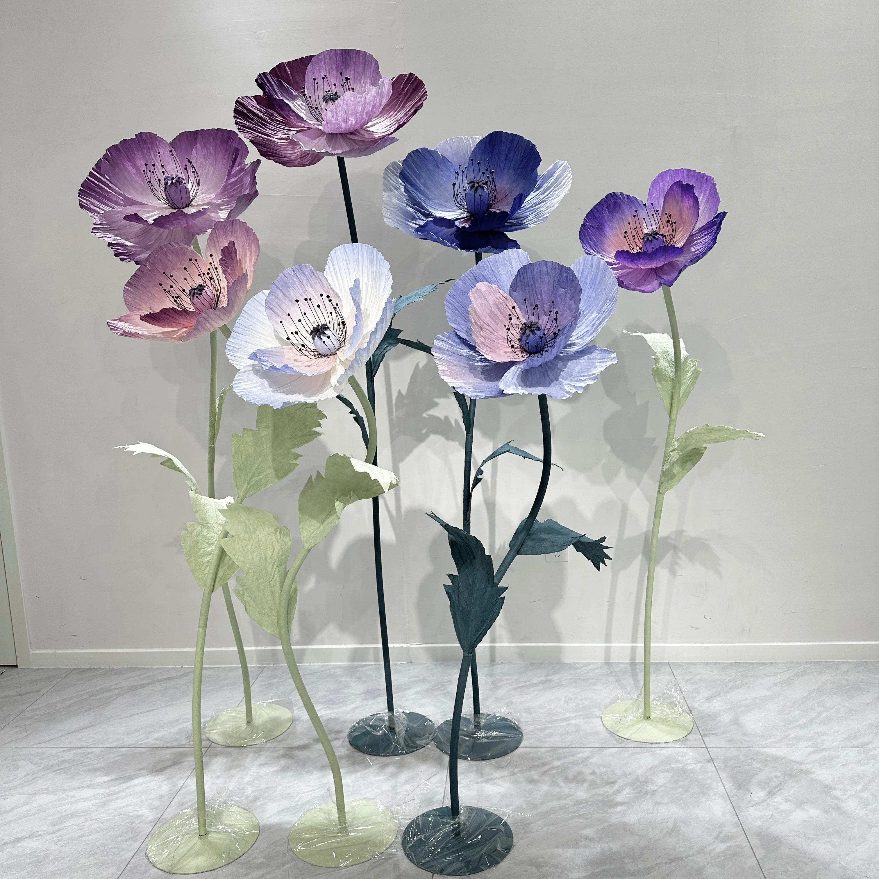 H-678 Big Free Standing Flowers Giant Paper Organza Poppy Flower Set For Indoor Wedding Event Decoration