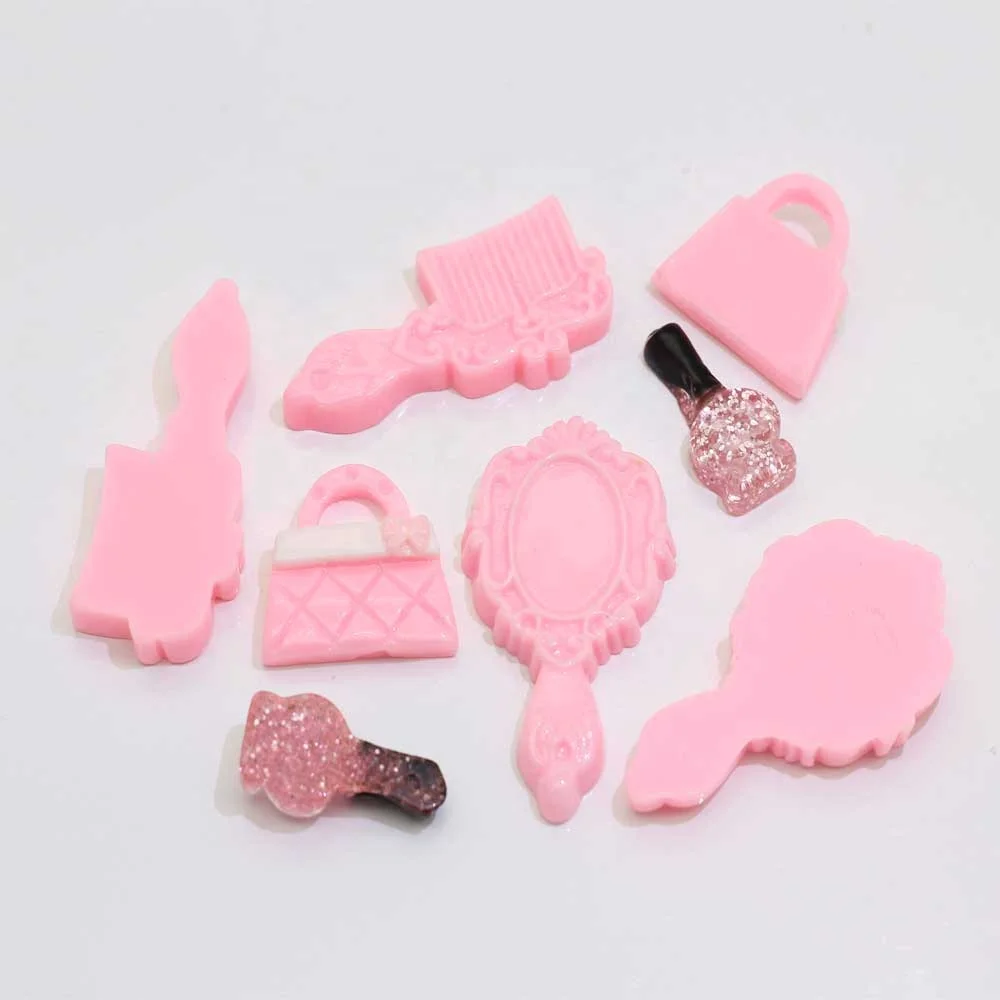 
100Pcs Kawaii Pink Mirror Comb Nail Polish Lady Bag Resin Flatback Cabochon Diy Scrapbooking Embellishment Decoration Craft 