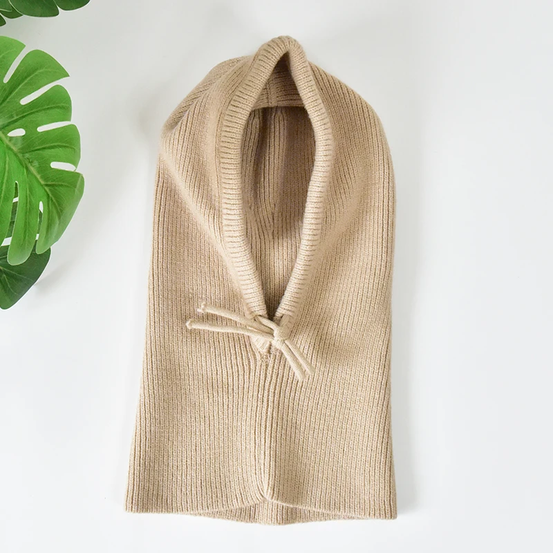 Winter Wool Knitted Hooded Acrylic Beanie Hat for Women Head Ear Warmer Solid Color Adjustable Scarf Hat with Rope