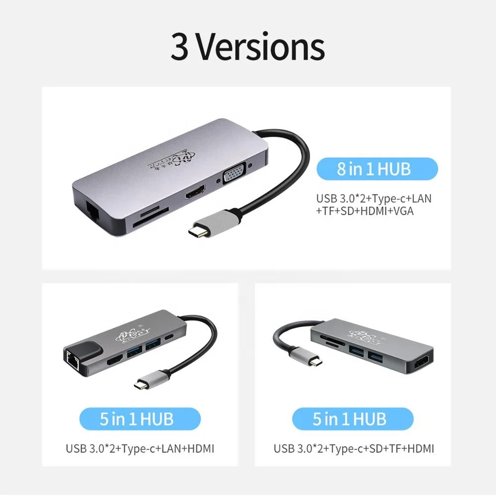  USB-концентратор «Все в одном» с портом Type-c на DVI VGA USB-адаптер LAN 8