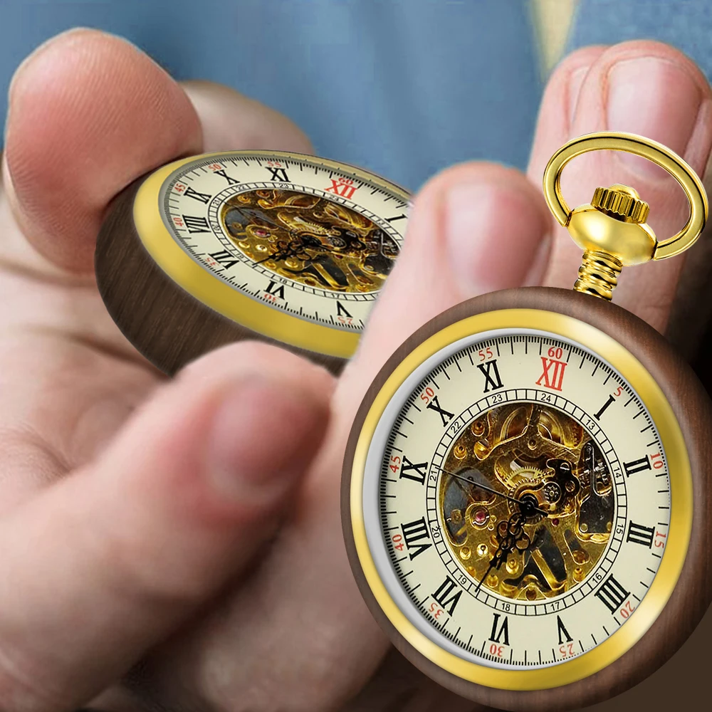 Handmade Antique Vintage Pocket Watch Custom Bronze Quartz Walnut Wooden Pocket Watch