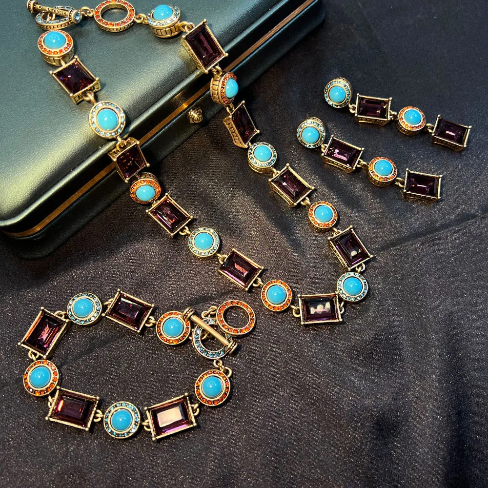 French Style Bracelet Vintage Gold Plated Necklace Boho Turquoise Jewelry Set Antique
