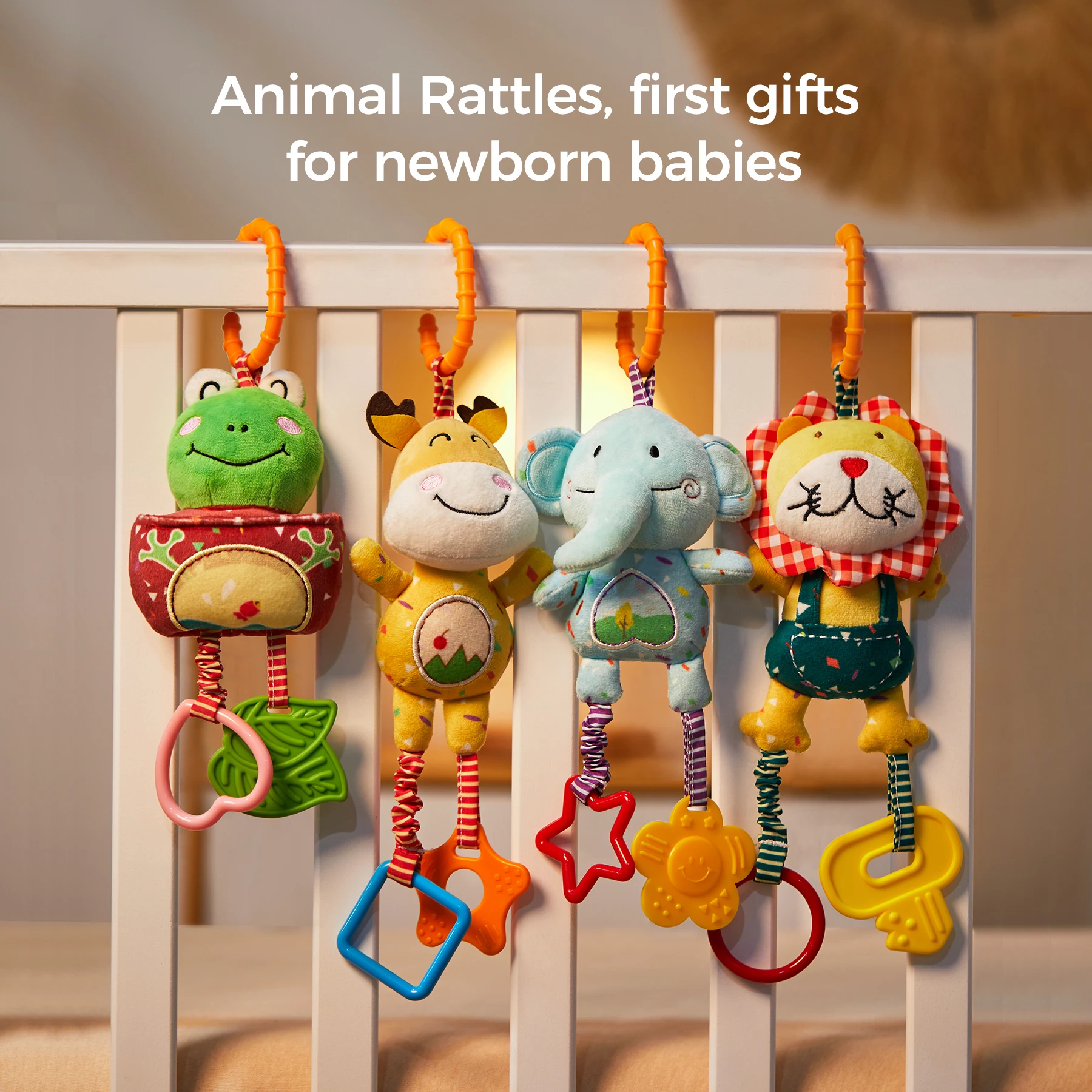 Tumama Kids Plush Hanging Rattle Toys Cute Animals Deer Elephant Lion Frog Sensory Soft Baby Toys for Newborn Stroller Crib Car