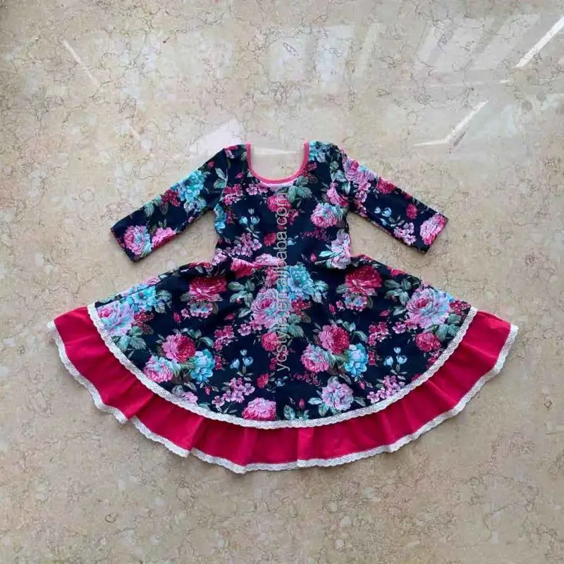 Christmas Kids Wear Clothing Red Casual Ruffle Dress Cotton Fabic Long Sleeve Baby Girls Snowflake Dresses