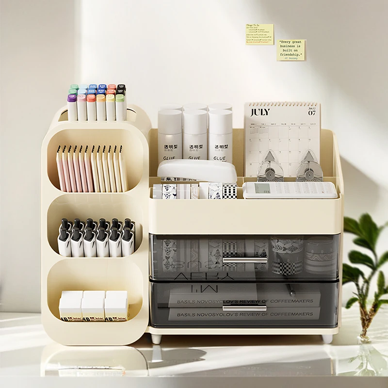 4 slots pen holder Pencil notebook Student Stationery container Sticky Notes calculator stapler Organizer Tray with 2 Drawers