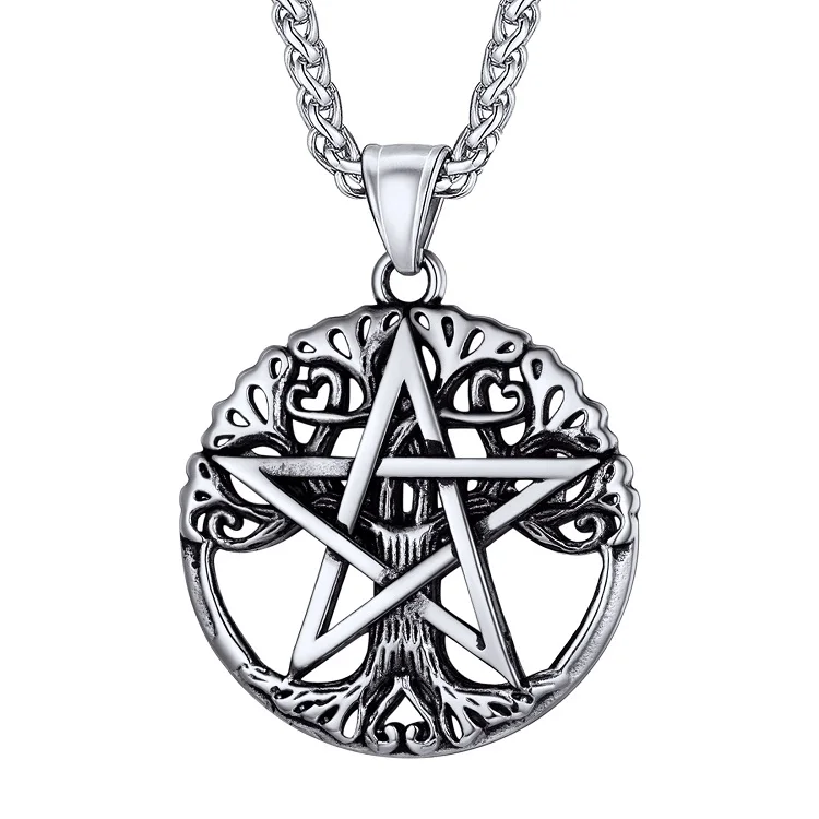 
Pagan Pentacle Pentagram Necklace Tree of Life Triple Moon Goddess Pendant Necklace 