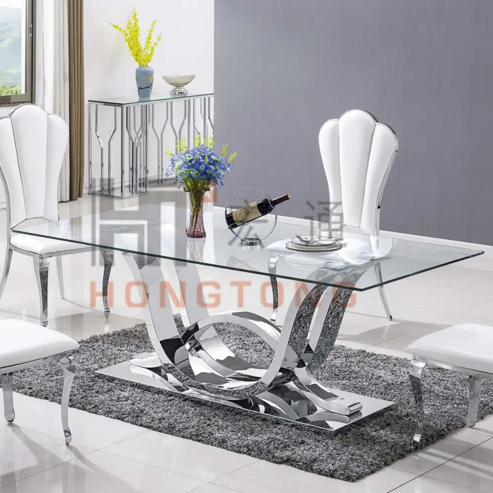 stainless steel glass top dining table and 6 chair dining room furniture