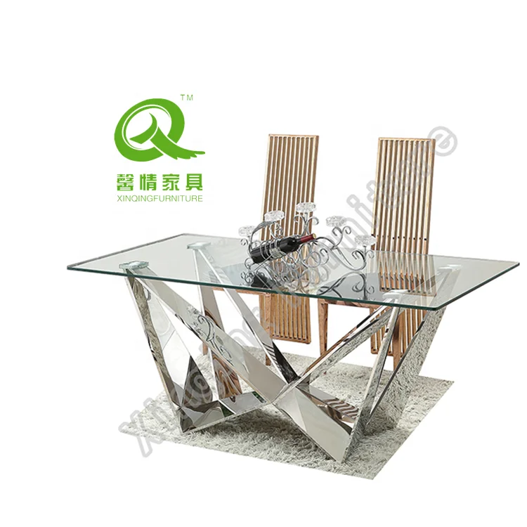 
rectangle modern style mirrored mesa de comedor tempered glass stainless steel leg table base rectangle dining table 