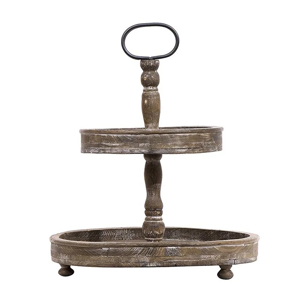 Двухуровневый поднос для декора в рустикальном стиле из коричневого дерева с металлической ручкой