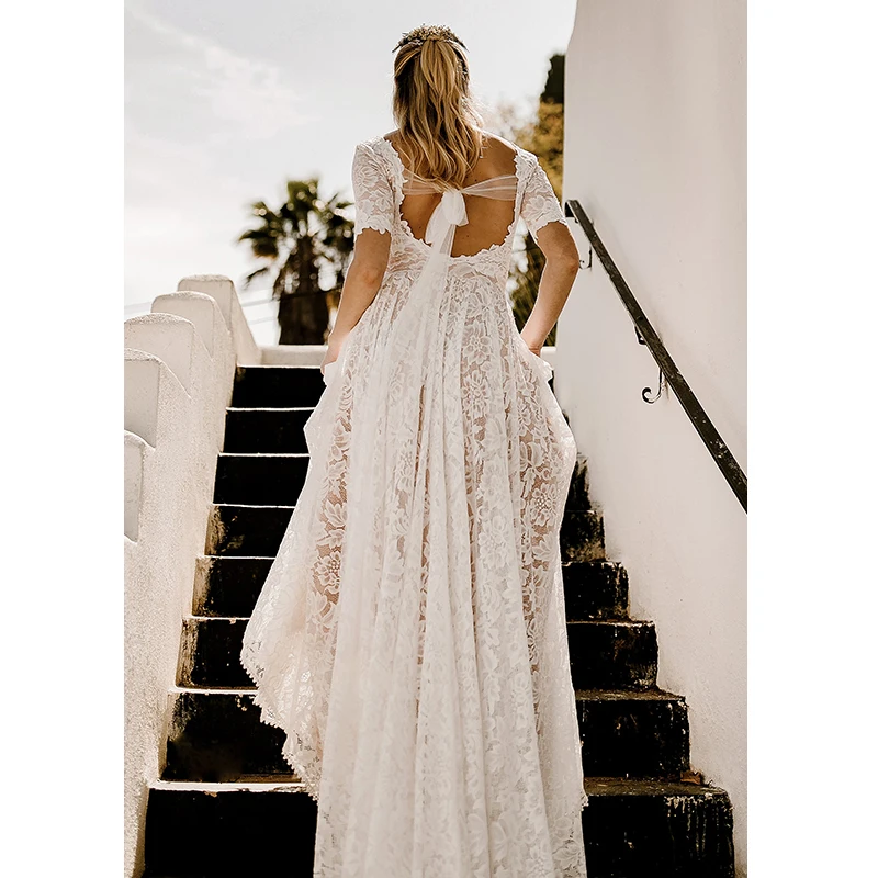 Boho Lace Wedding Dress Short Sleeve Open Back Romantic Bohemian Bridal Dress vestidos de novia