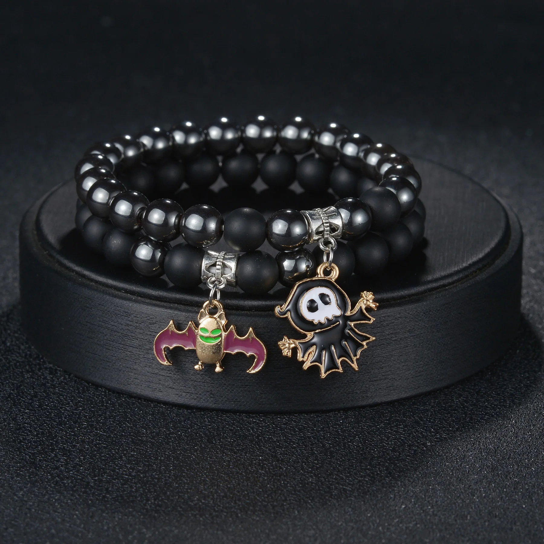 2pcs set 8mm Matte Stretch Bead Black Obsidian Bracelet Stackable Ghost Pumpkin Halloween Charm Bracelet