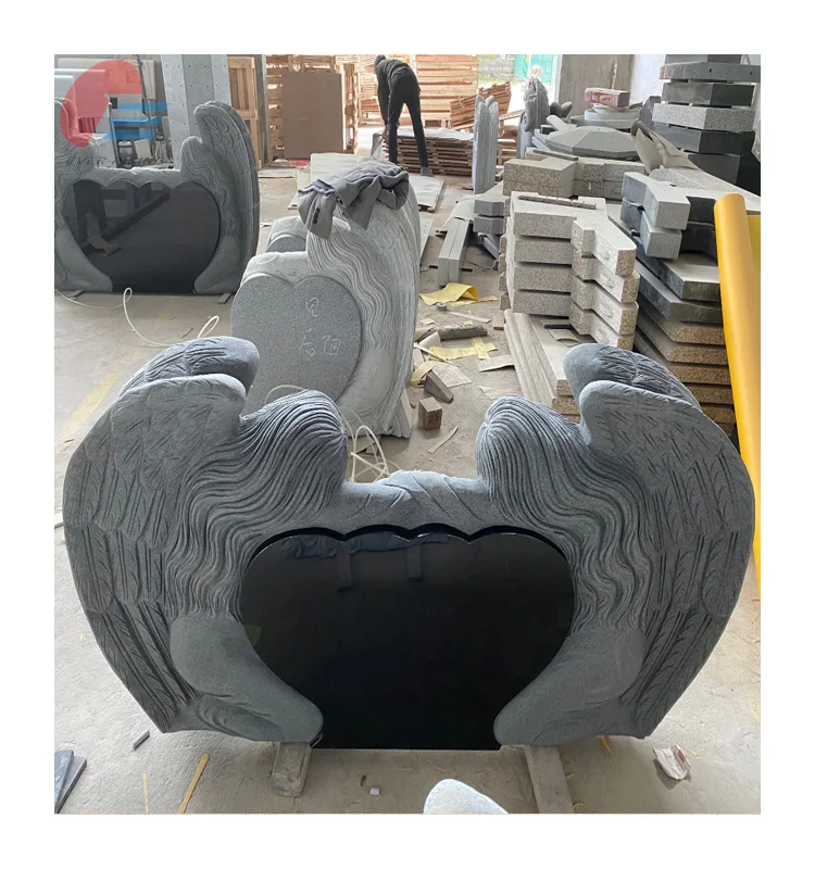 India Black Granite double heart shape Headstone with double angel carving