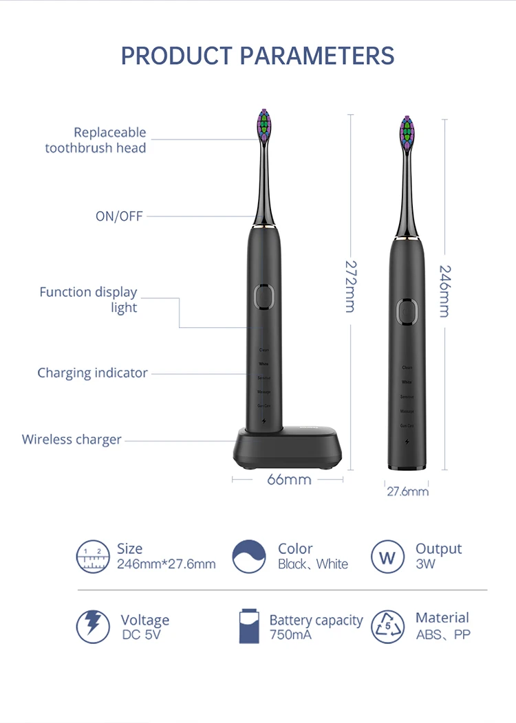 Deep Clean Smart Portable Travel USB Rechargeable Adult Electric Sonic Toothbrush With 5 Modes Personalized