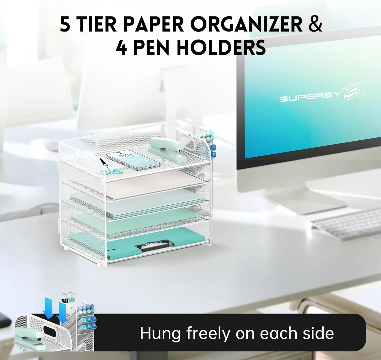 Office Supplies  White Metal Mesh 5 Tier Desk Organizer with Handle & Removable Pen Holders, Paper Letter Tray Organizer