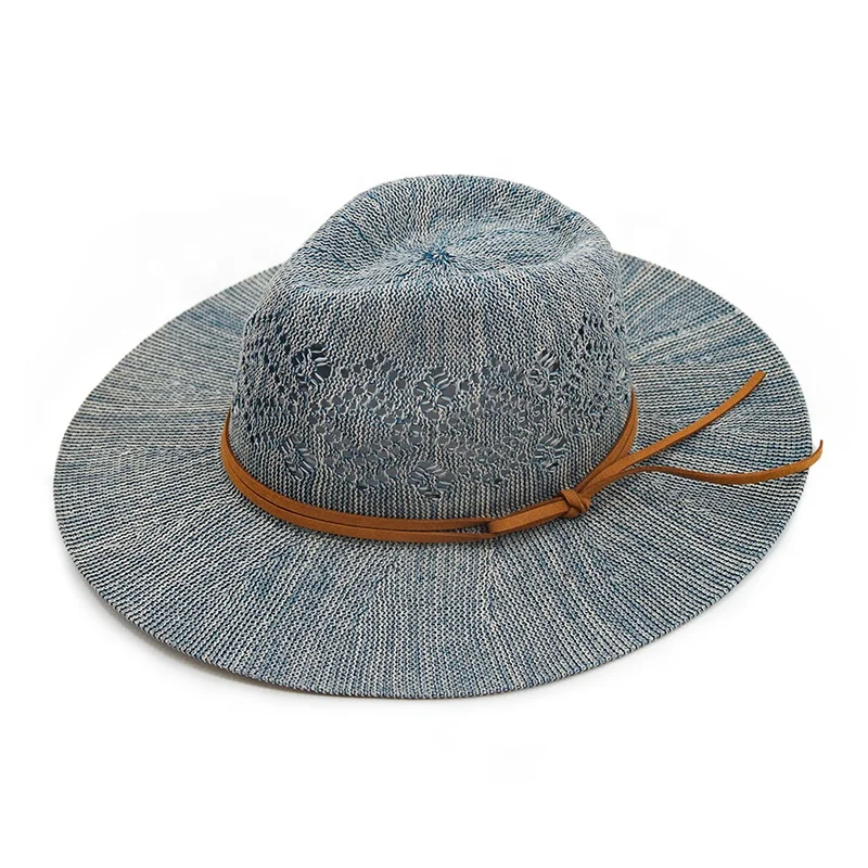 100% Polyester Packable Hollow Out Pattern Panama Hat Men Luxury Straw Summer Fedora Beach Hat