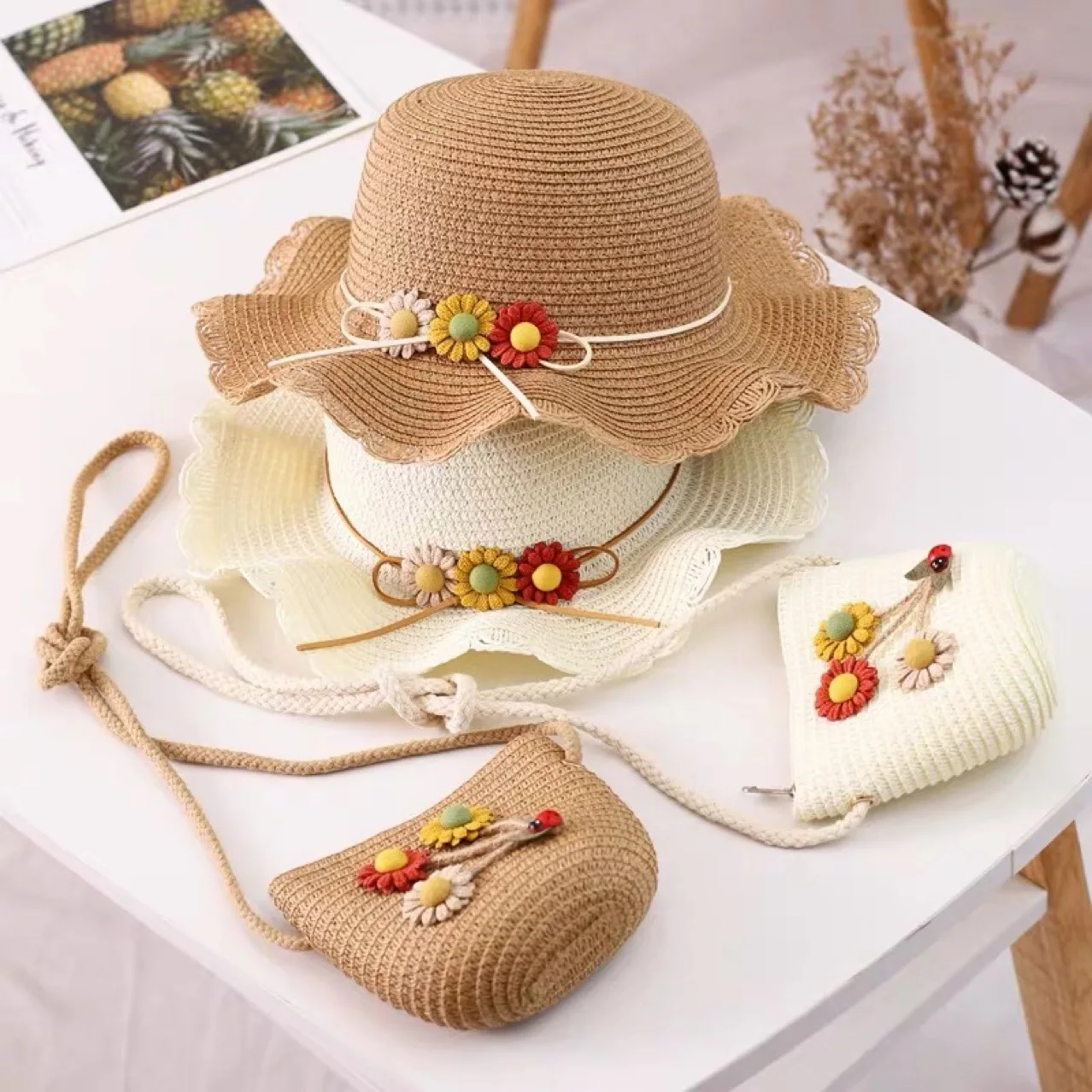 Bucket Hat And Handbag Summer Sun Hat Girls Kids Children Beach  Bag Flower Tote Handbag Bags Suit  Baby Straw Hats