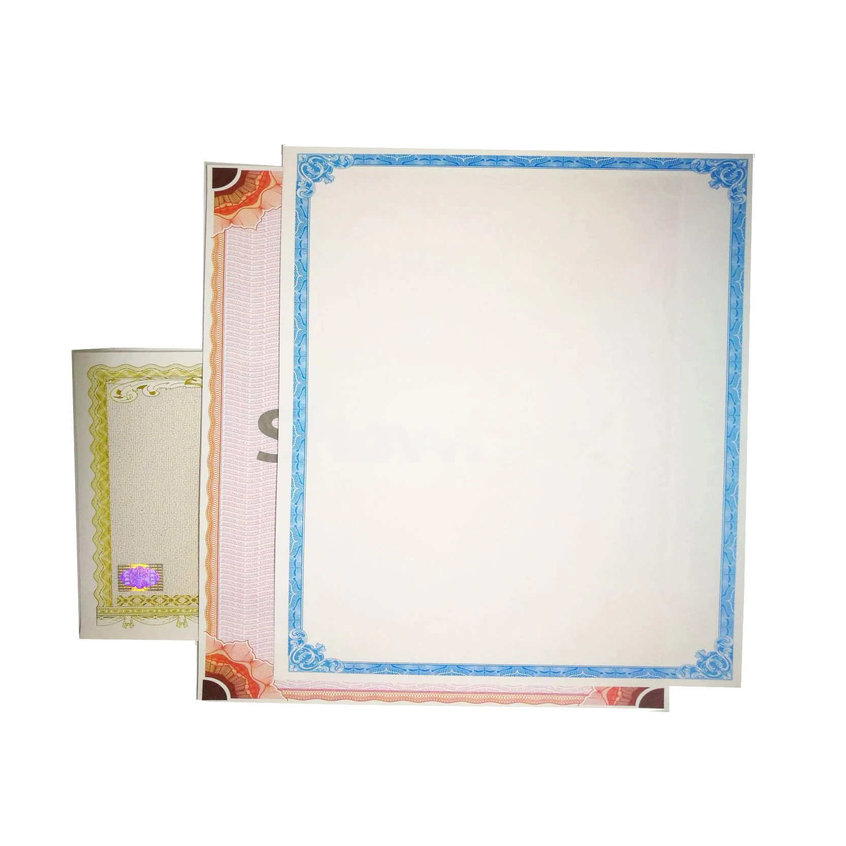 Custom design security paper UV invisible logo authentication certificate