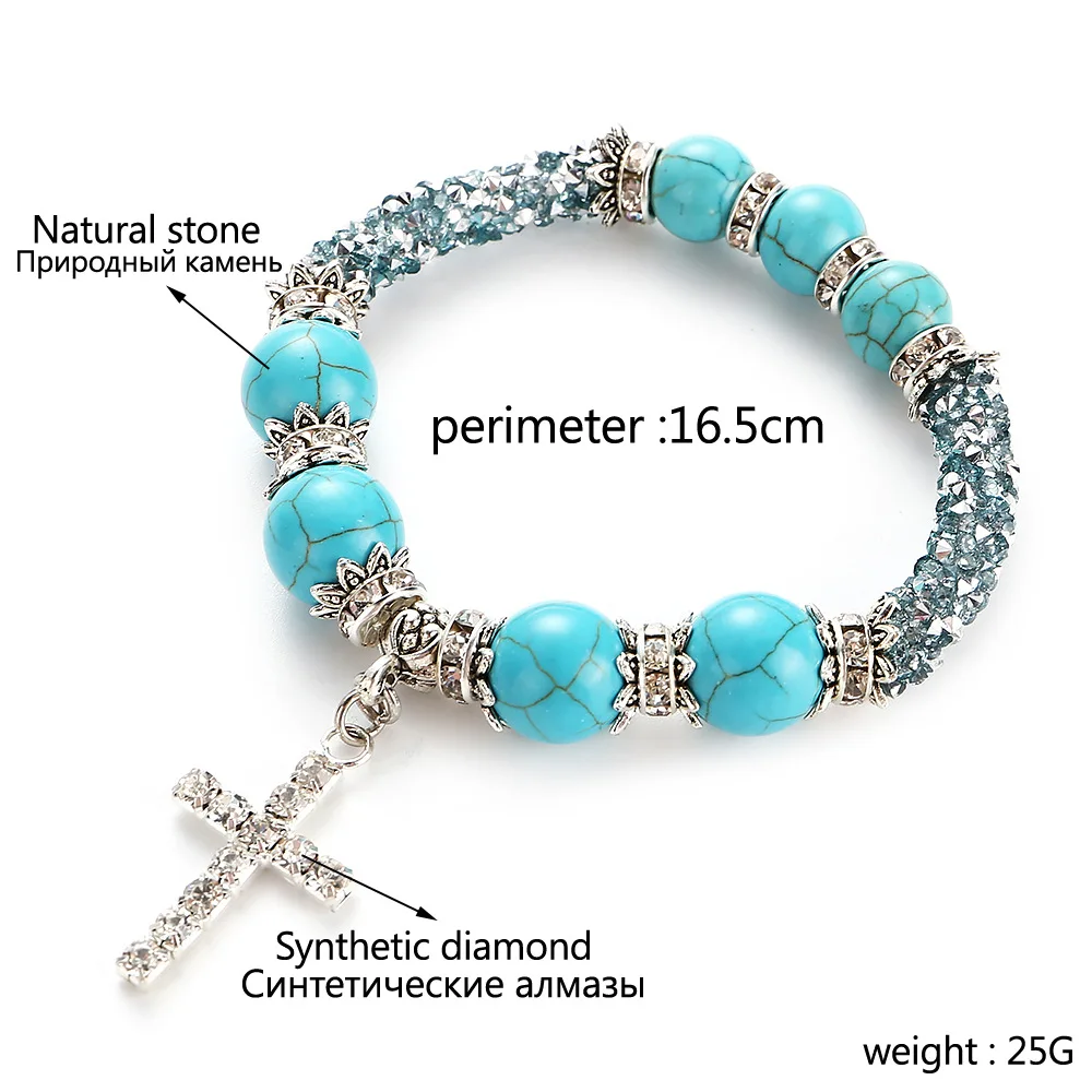 natural stone women bracelet boho style Natural Stone Bracelets Beads Boho Vintage Cross Rhinestones Turquoises Bracelet