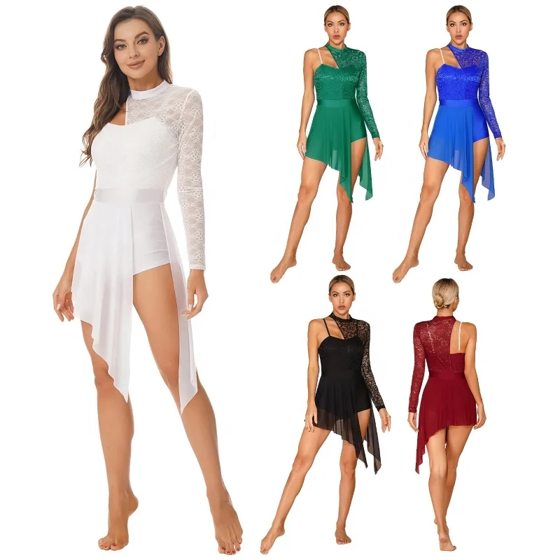Costume Dance Womens Fashion Lace Patchwork One Shoulder Leotard Dress Ballroom Dance Latin Dress For Women