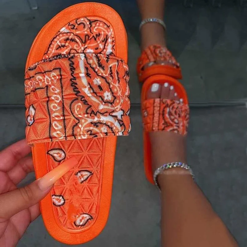Fashion Colorful Bandana Blue Black Orange White Wholesale Lady New Shoes 2020 Print Open Toe Plus Size 40-43 Sandals Slippers