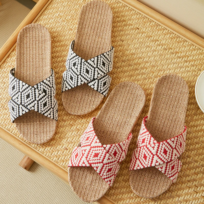 Unisex Indoor Hotel Hemp Slippers Summer Household Flax Light Weight Breathable Slides For Women