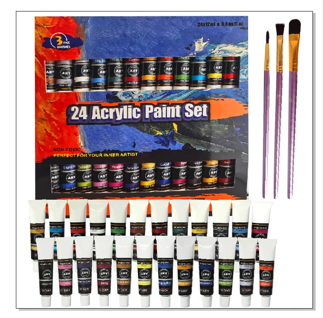 24 x 12ml  Watercolor Paint Set  Brilliant Water-Based Colors Versatile  plus 3 Brushes    Easy to Use for  Artists Beginners