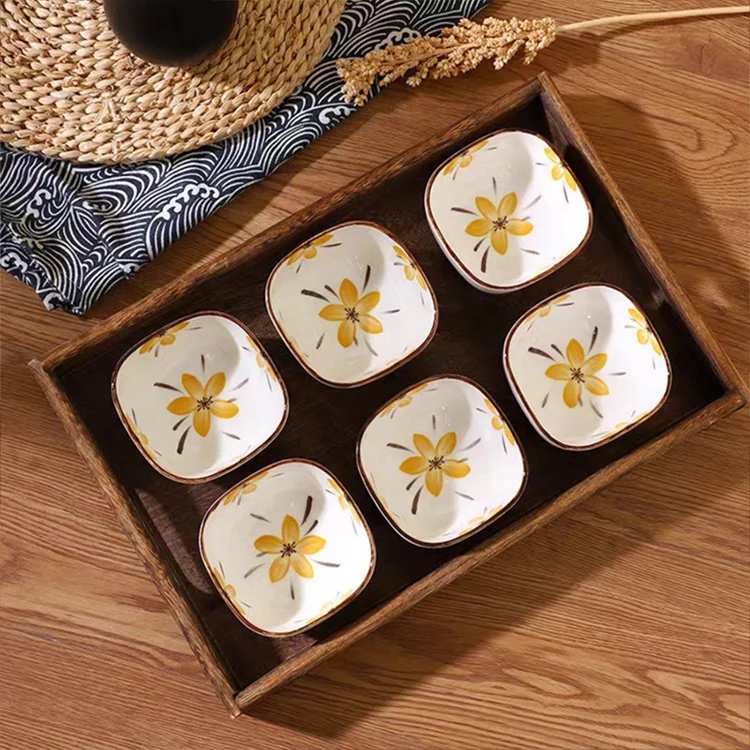 Restaurant hotel flower pattern small square 6pcs korean japanese sushi soy dipping sauce dish sets ceramic sauce dish