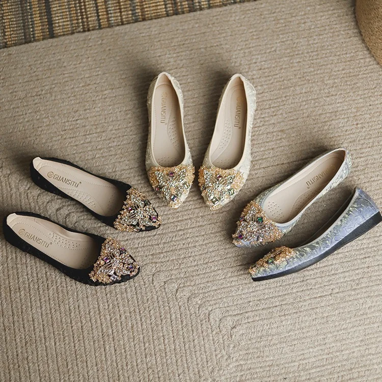 Size 35-45 Luxury Shiny Satin Flats Pointed Toe Dress Pumps Women Ballerina Flat Shoes For Wedding Party Loafers
