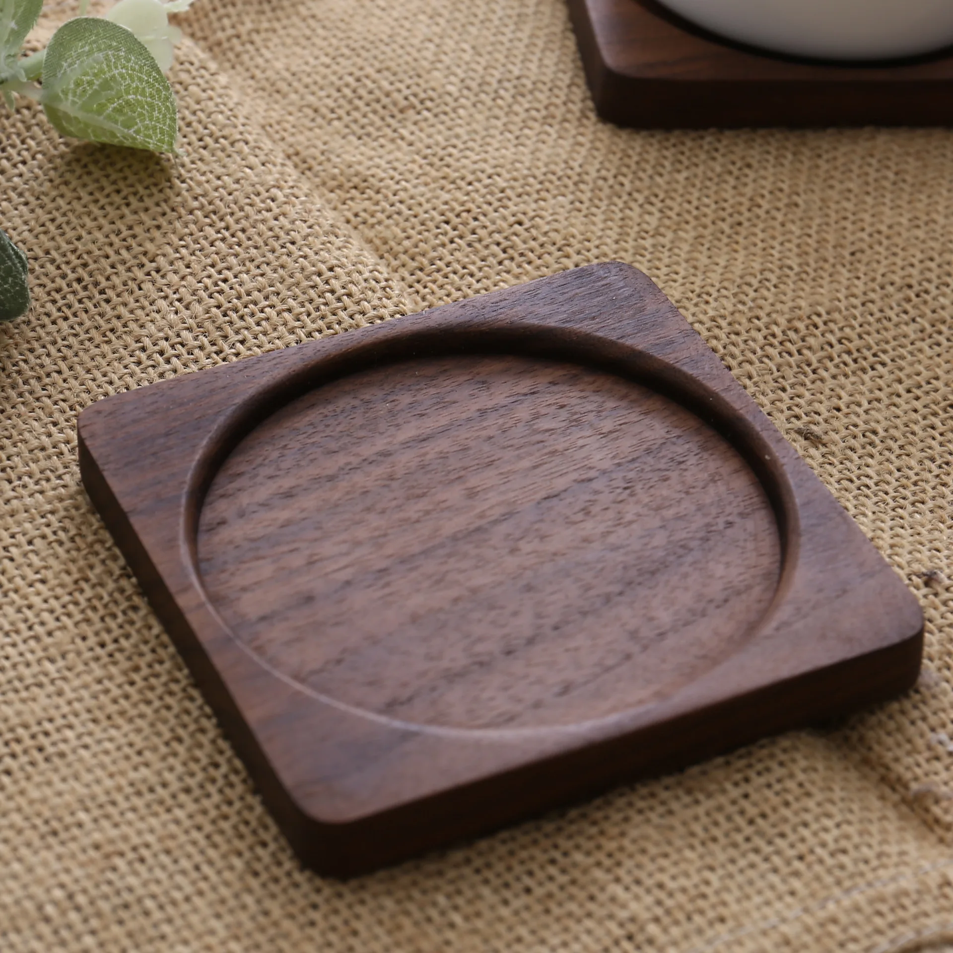 Custom logo engravable beech wood walnut tea coffee cup glass blank square round wooden coaster