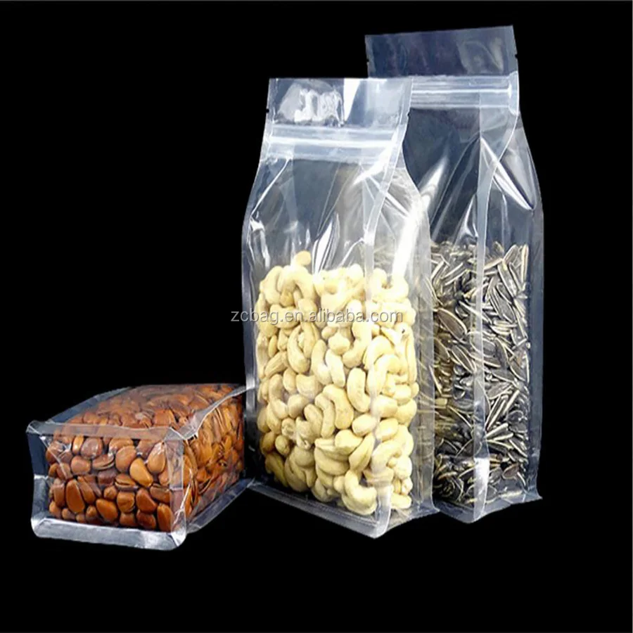 Wholesale Full Clear Transparent Clear Flat Bottom Quad Side Gusseted Customized 100g Coffee Food Grade Pocket Boxpouch Bags