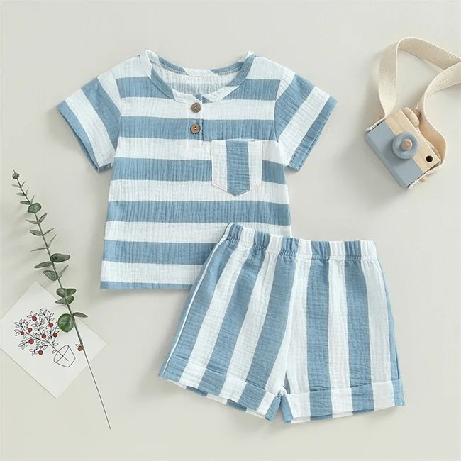 1Pcs Custom Logo RTS Summer Newborn Infant Toddler Boys Girls Clothing Cotton Striped Tee Shorts Pocket Baby Clothes Set