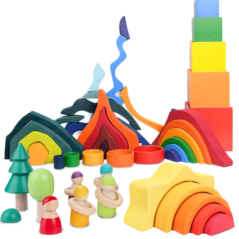 New Linden Wood Rainbow Stacker Nesting Puzzle Toys Tunnel Stacking Game Montessori Toys Baby Wooden Building Blocks Toddler Toy