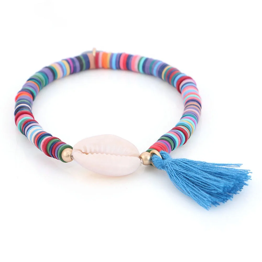 
White Case Elastic Bracelet Bohemian Coloured Polymer Clay Bead Bracelet Female Party Pearl Shell Beach 