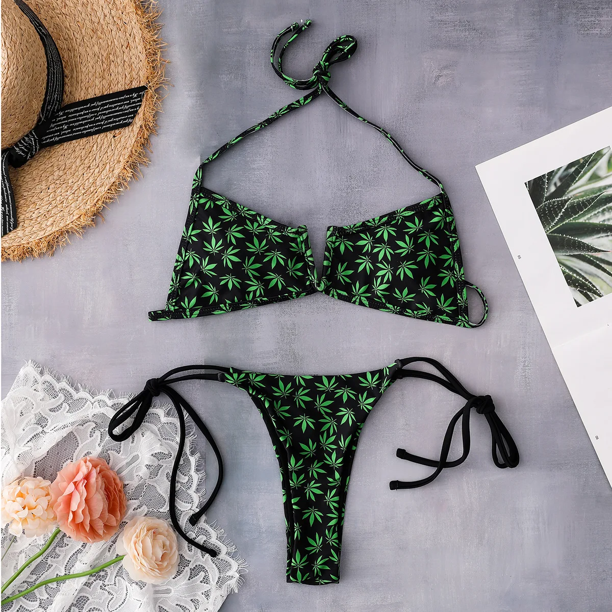 Female Neck Tie Sexy Swimsuit Women Two pieces Bikini Set Leaf printed Beachwear For Lady
