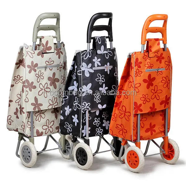 Floral Overall Printing Folding Festival Grocery Shopping Trolley Luggage Bag With Wheels