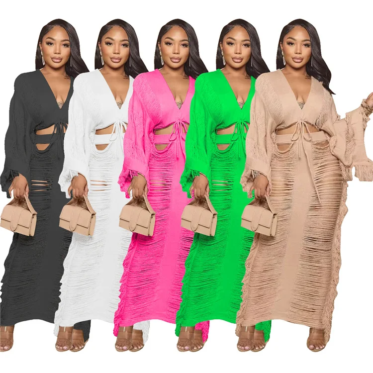 T2621-summer 2023 ladies crop top and skirt women 2 piece set clothing crochet set beach wear