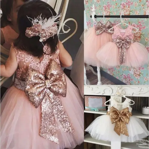 Wholesale Fashion 2018 Golden Big Bow Backless Princess Cute Little Girl kids Party Dress