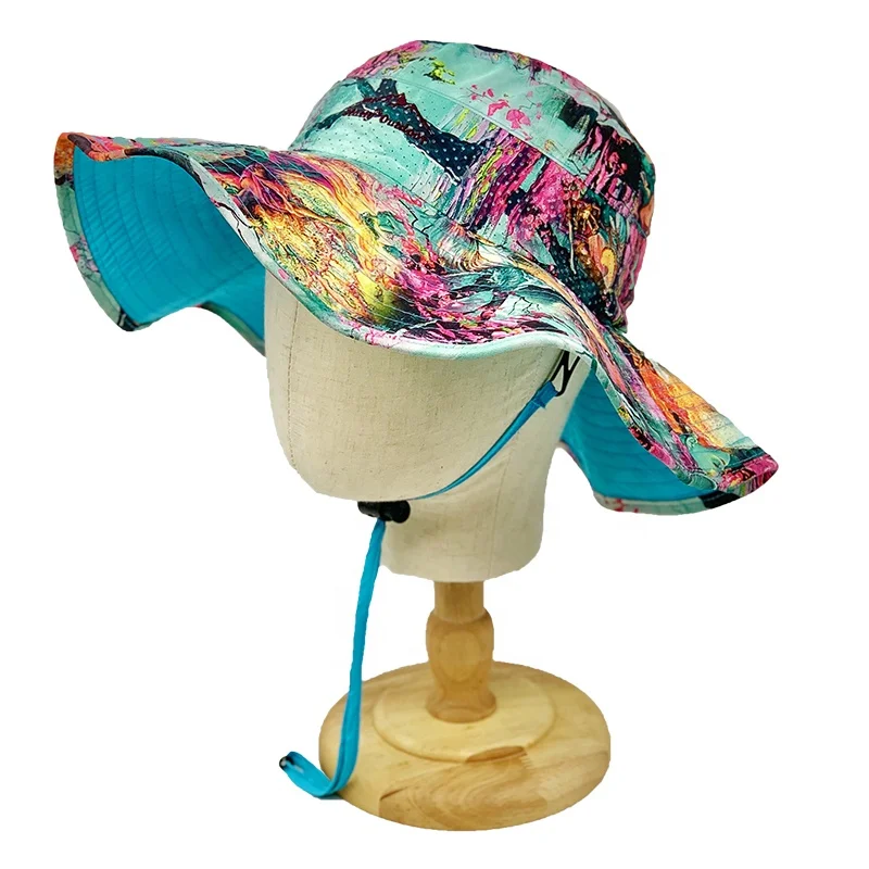 RTSFashionable custom logo reversible foldable 100% polyester beach hat wide brim quick dry bucket hat with string for sandbeach