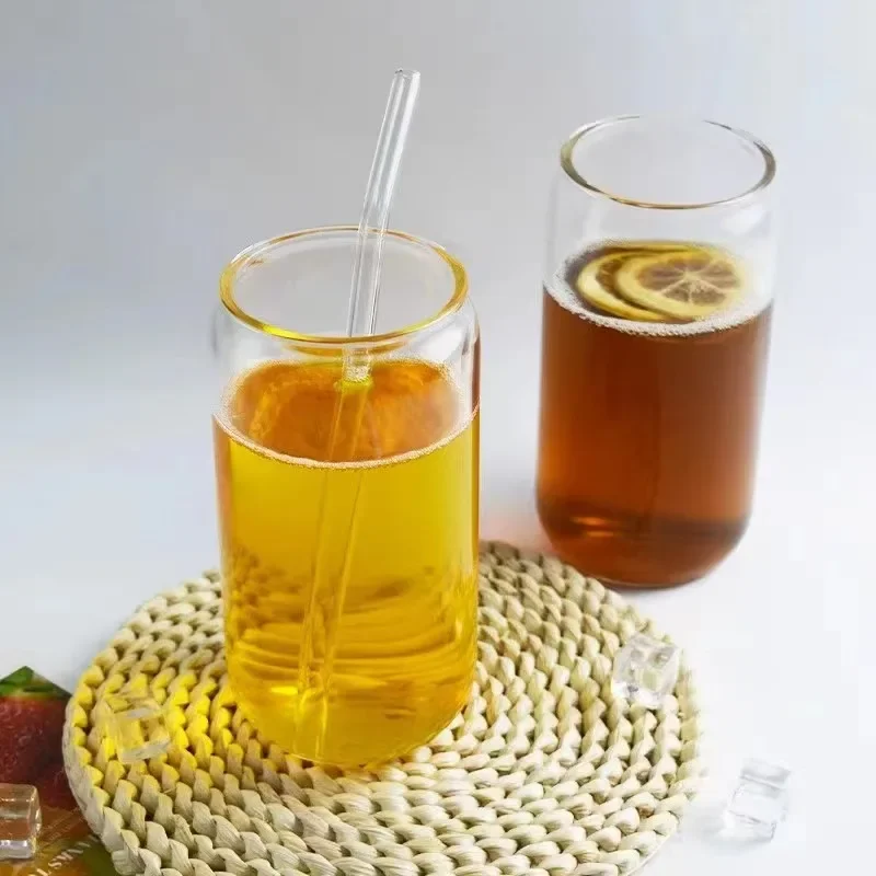 High borosilicate glass transparent cup with  bamboo wood lid and glass straw for drink kitchen food  tea coffee wine