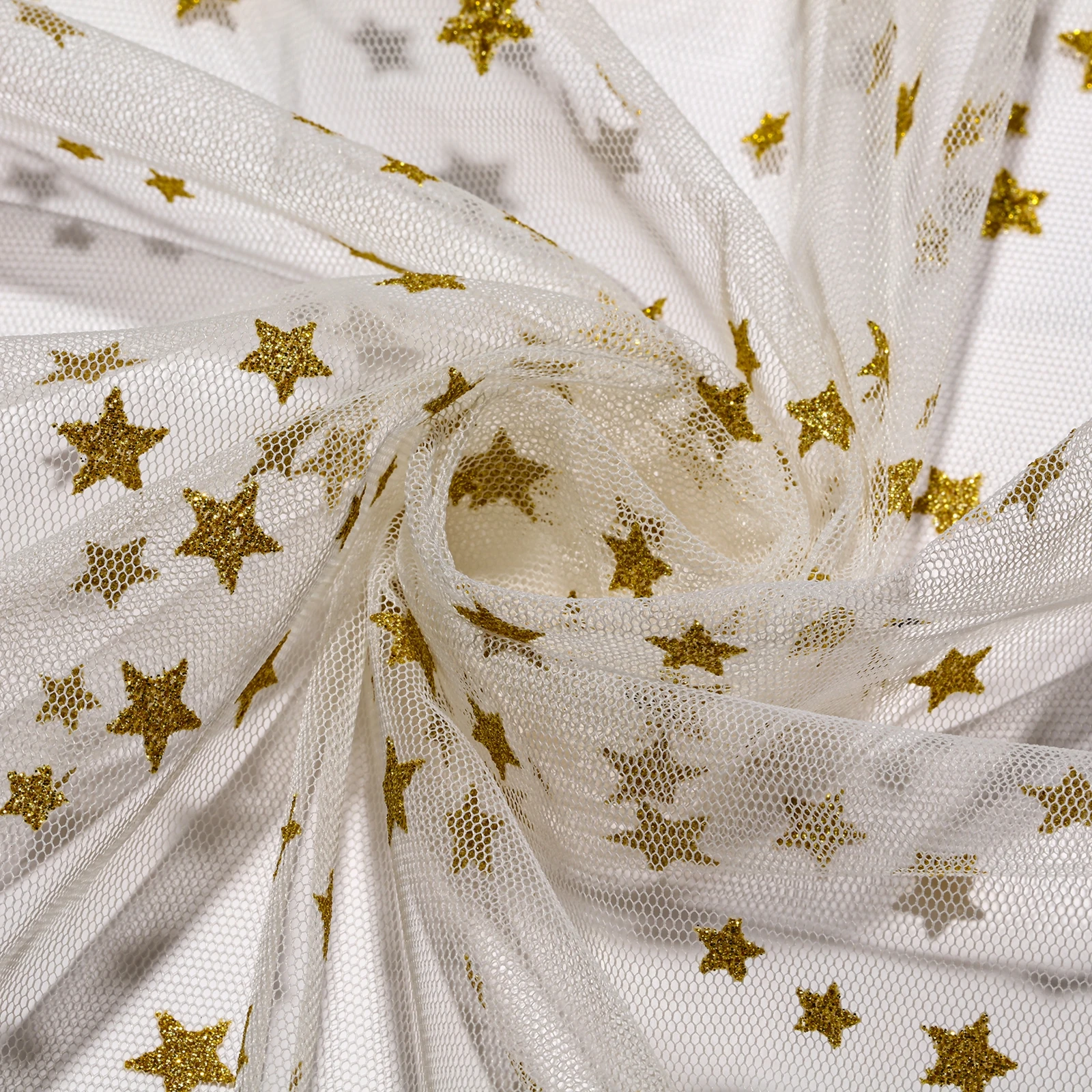 high quality  five-pointed star white ground Glitter shiny  40D 100% Polyester  mesh fabric for dress garment