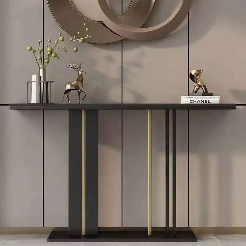 120CM Modern White Marble Pattern Tabletop TV Console Table Entryway Porch Table with Black Legs