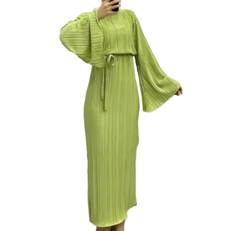 Fashion new wholesale price Muslim solid color pleated straight long skirt flared sleeve waist Muslim women dress