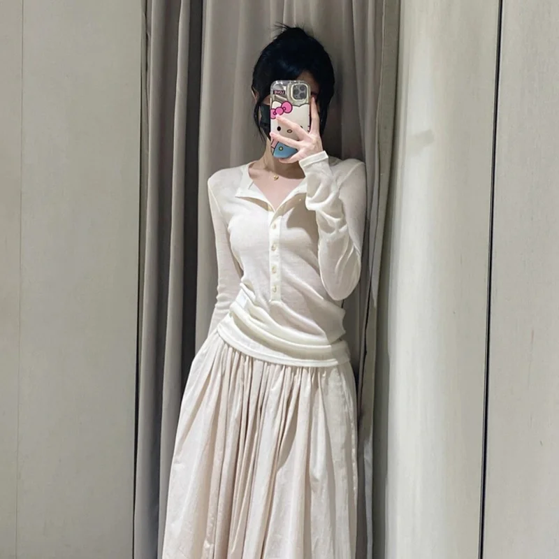 TAOP&ZA white slightly see-through short long-sleeved 2024 thin slim fit pure desire base knitted T-shirt top for women 8779153