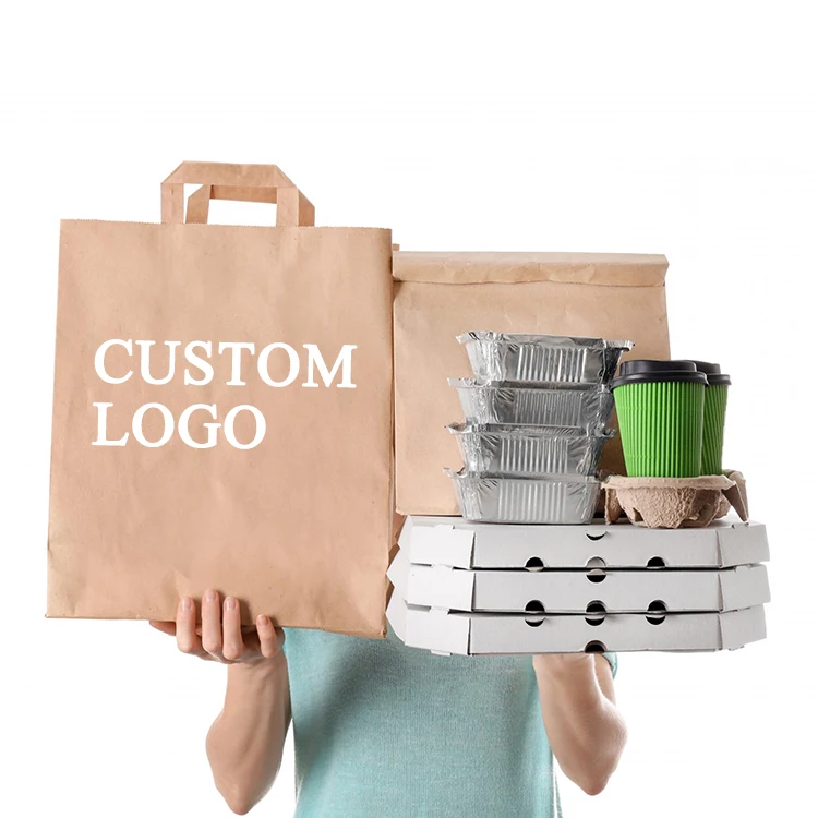 Custom logo Recycle to Go Take Away Carry Out Bag for Coffee Shop Restaurant Sushi Food Packaging Kraft Paper Bag with Handle
