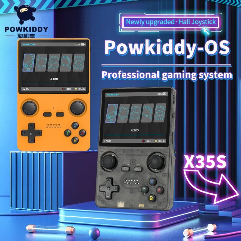 Factory price Powkiddy X35S 3.5 inch IPS screen mini game arcade game console support PSP N64 with double hall joysticks