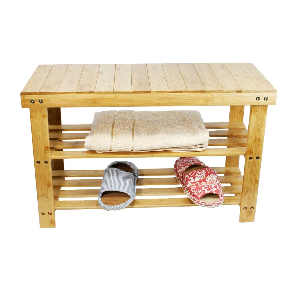 
Eco Friendly KD Natural Bamboo Shoe Rack Bench 2 Tier Shoe Organizer bench with Storage Shelf 
