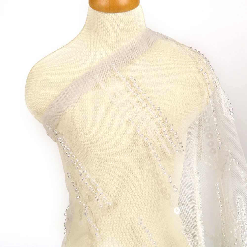 Shaoxing Textile New Modern Pattern Bead Tube Embroidery African Bridal Tulle 100% Polyester Mesh Lace Fabric