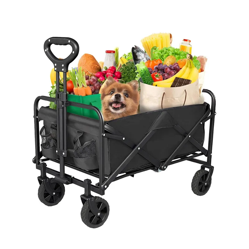 Outdoor Camping Cart with Silent Universal Wheels, Cup Holders & Side Pockets, Adjustable Handle for Camping Garden Picnic