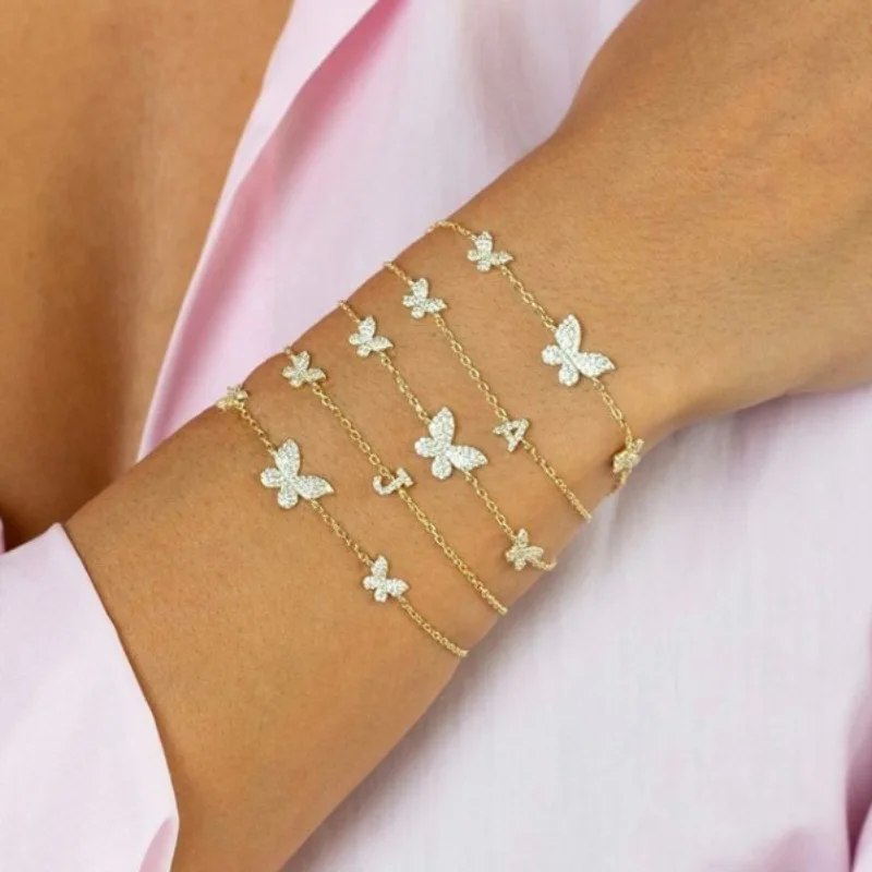 18K Gold Plated Links Chain Animal Bracelet Adjustable Micro Pave Cubic Cz Bling Zircon Butterfly Charm For