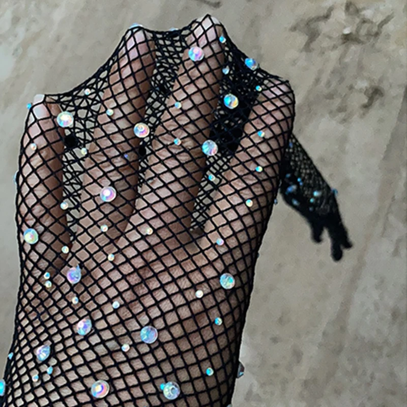 Party cosplay diamonds hollow mesh gloves long sleeve stretch rhinestones five fingers mittens festival sexy lace net gloves